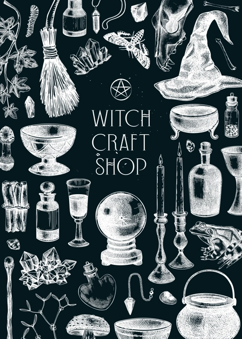 Witch party invitation design. Minimalist witchcraft frame, banner, flyer. Vinatge Halloween sketches. Hand-drawn vector illustration on chalkboard. NOT AI generated